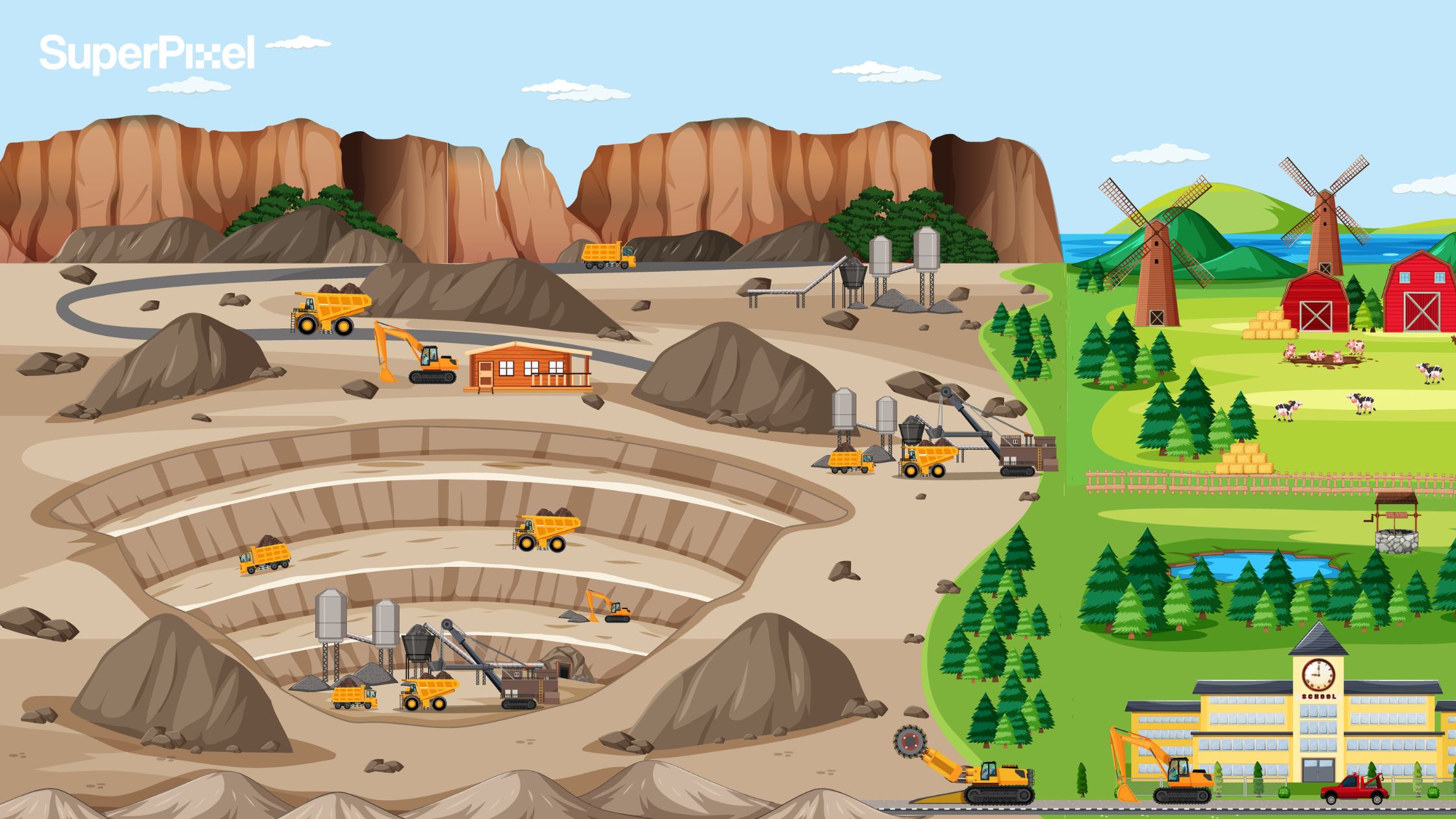 A panoramic landscape of an active coal mine